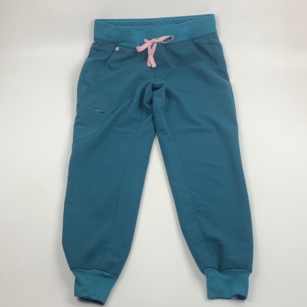 Figs Scrub bottoms Teal Green Joggers with Pink Drawstring Size Small Stretch